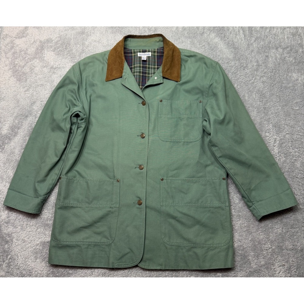 Vintage David Brooks Chore Jacket Mens Unisex Size‎ L Green Suede Collar Canvas